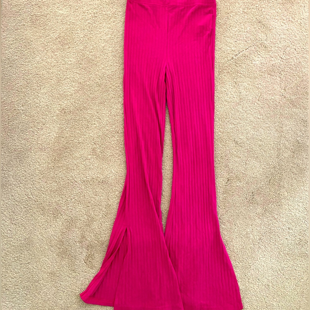 Ribbed Flared Pink Party Pants with Slits